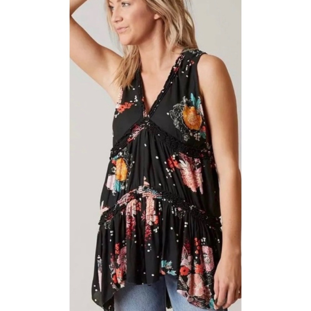 Free People Floral Tunic Women Small‎ Black Sleeveless Crochet Lace Babydoll Top